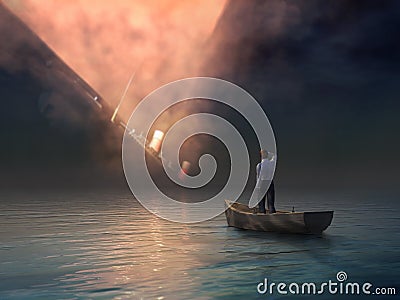 Man in boat looking on shipwreck Stock Photo