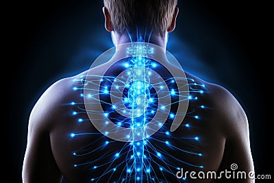 Man body backbone vertebra diagnostic neural structures human organism shoulders posture pain illuminated 3d X-ray Stock Photo