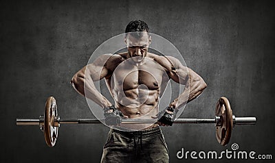 Man bodybuilder, execute exercise with weight Stock Photo