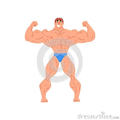 Man Bodybuilder Funny Smiling Character On Steroids Demonstrating Muscles In Front Double Biceps Pose As Strongman Vector Illustration