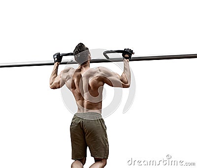 Man - bodybuilder perform exercise chin-up Stock Photo