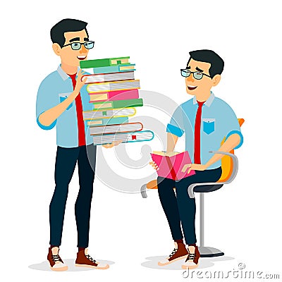 Man In Book Club Vector. Carrying Large Stack Of Books. Studying Student. Library, Academic, School, University Concept Vector Illustration