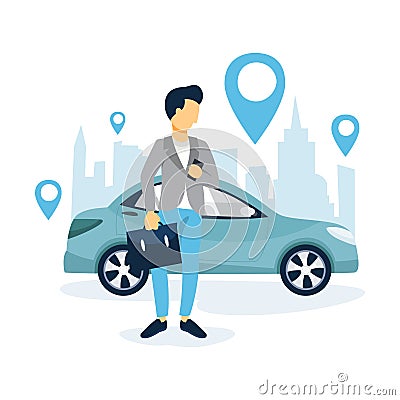 Man book a taxi by a app on the mobile phone. Vector Illustration