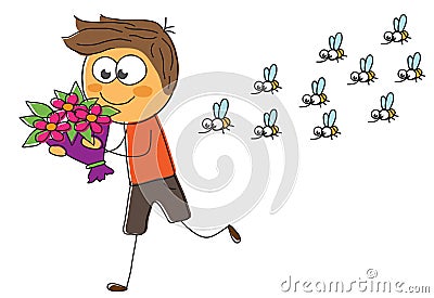 A man with a bouquet of flowers hurries on a date Vector Illustration