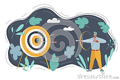 Man with bow and arrow shot on target. Vector Illustration