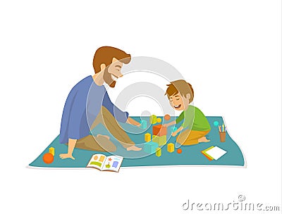 Man and boy, father and son palying on floor at home developing games Vector Illustration