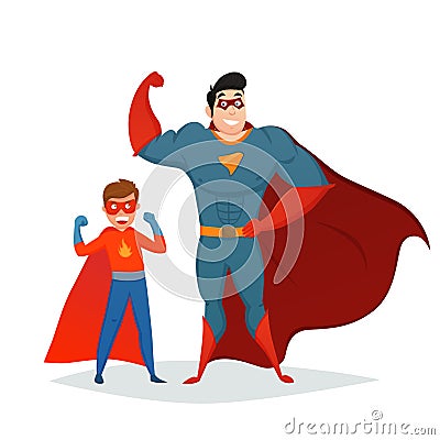 Man And Boy Superheroes Retro Composition Vector Illustration