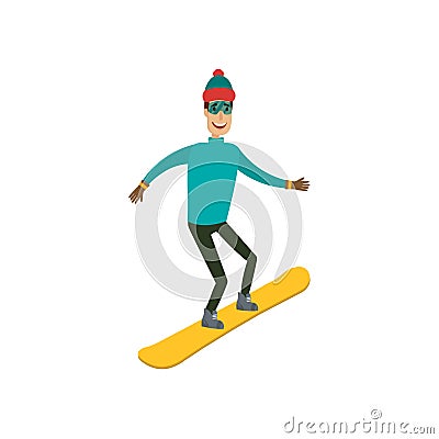 A man, boy, young person snowboarding in the mountains. Different background. Flat and cartoon style. Vector Vector Illustration