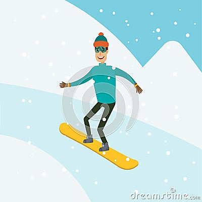 A man, boy, young person snowboarding in the mountains. Different background. Flat and cartoon style. Vector Vector Illustration