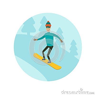 A man, boy, young person snowboarding in the mountains. Different background. Flat and cartoon style. Vector Vector Illustration