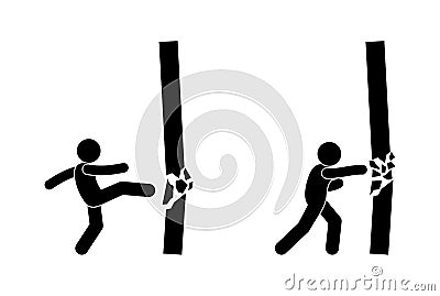 Man breaks wall, hand strike destroys concrete, strong kick with foot, icon set people overcome obstacles Vector Illustration