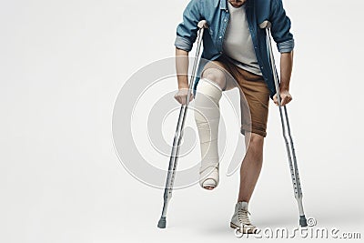 A man with a broken leg in a cast on crutches on a white background. ai generative Stock Photo
