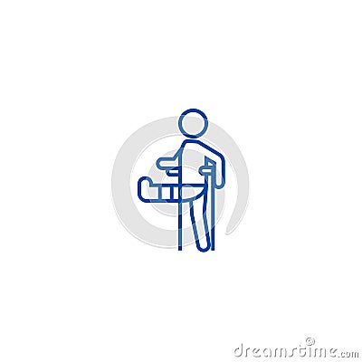 Man with broken leg,gypsum foot crutch line icon concept. Man with broken leg,gypsum foot crutch flat vector symbol Vector Illustration