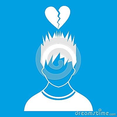 Man with broken red heart over head icon white Vector Illustration