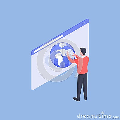 Man browsing 3D globe on website page Vector Illustration