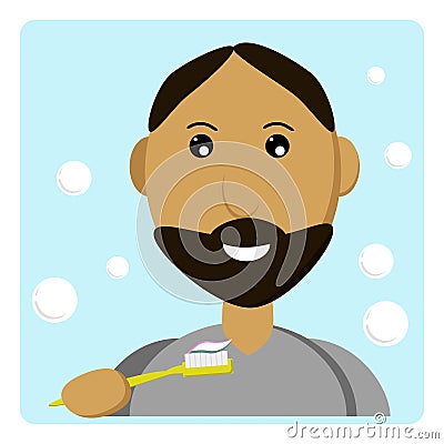 A man brushes his teeth, a guy with a beard holds a toothbrush with paste in his hand, personal hygiene in the bathroom in a flat Vector Illustration