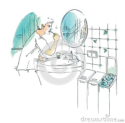 Man is brushing his teeth in the mirror in the bathroom. Containers for separate collection of garbage Cartoon Illustration