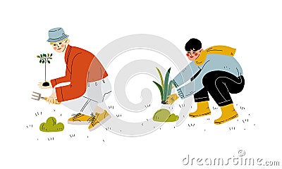 Man in Bucket Hat Working in Garden with Rake Cultivating Plant Vector Set Vector Illustration