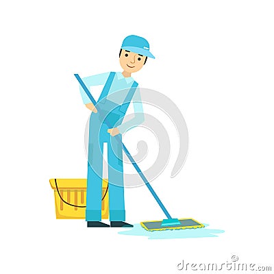 Man With Bucket nd Mop Washing The Floor, Cleaning Service Professional Cleaner In Uniform Cleaning In The Household Vector Illustration