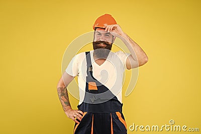 Man builder hard hat. Creativity and practice. Improvement and renovation. Brutal man builder. Bearded guy worker on Stock Photo