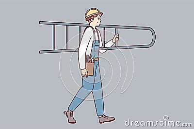 Man builder or professional repairman in overalls carries stepladder on shoulder Vector Illustration