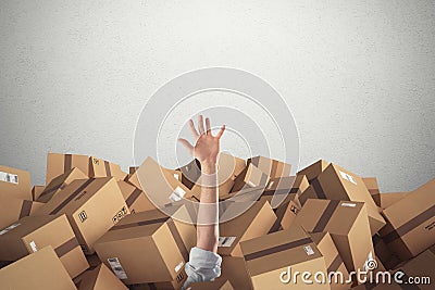 Man buried by a stack of cardboard boxes. 3D Rendering Stock Photo