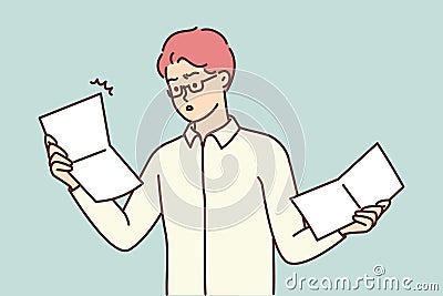 Man in business clothes is shocked while reading letter with negative information or bad news Vector Illustration