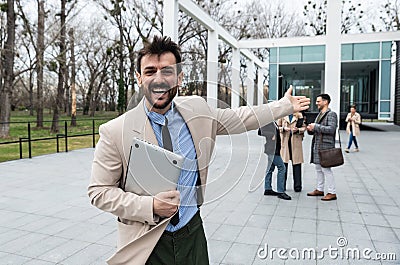 Man business person CEO, leader and strong independent worker portrait outside office building. Male leadership in company, Stock Photo