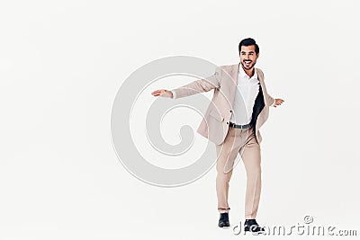 man business running winner victory smiling suit businessman happy beige model Stock Photo