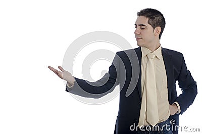 Man in business showing something with his right hand . Stock Photo