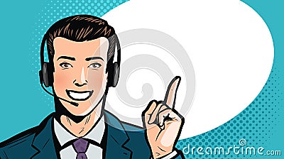 Man in business suit or businessman with headset says. Call center, support, service concept. Cartoon illustration Stock Photo