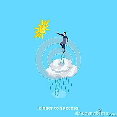 The man in a business suit climbed the stairs above the clouds and stretched toward the sun Vector Illustration