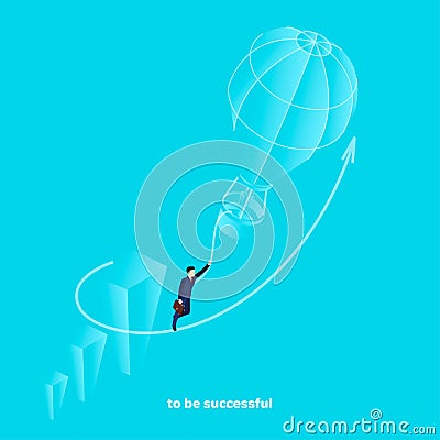 A man in a business suit clutching his hand with a rope flies to the top in a balloon Vector Illustration
