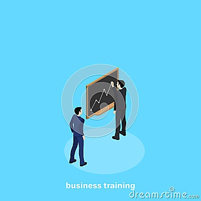 A man in a business suit draws on the blackboard a graph Vector Illustration