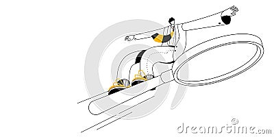 A man in a business suit is flying on a magnifying glass. Vector Illustration