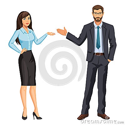 Man in business suit with glasses and beard and elegant brunette Vector Illustration