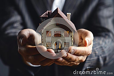man in business suit holds model of an apartment building in his palms,hands in close-up,concept of mortgage lending, real estate Stock Photo