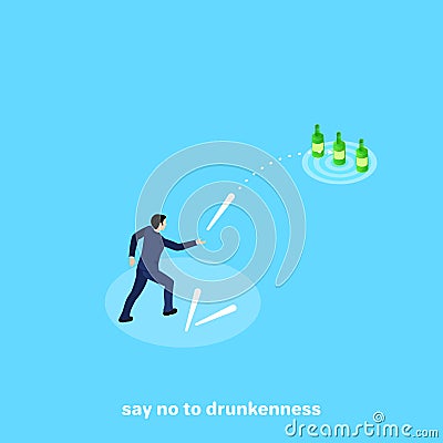 A man in a business suit intends to knock down bottles with a stick Vector Illustration