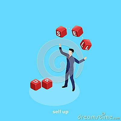 A man in a business suit juggles with cubes with letters Vector Illustration