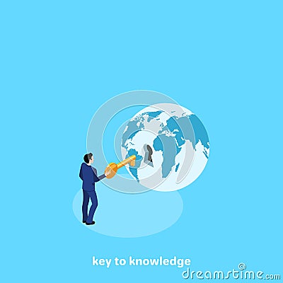A man in a business suit with a key and a globe with a keyhole Vector Illustration