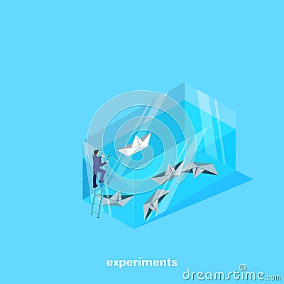 A man in a business suit launches paper boats in an aquarium Vector Illustration