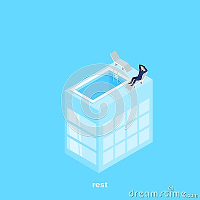 Man in a business suit lies on a lounger near the pool on the roof of building Vector Illustration