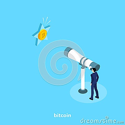 A man in a business suit looks at a large telescope on a star with a coin bitcoin Vector Illustration