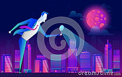 A man in a business suit looks at the people and city through a magnifying glass, vector flat design Vector Illustration