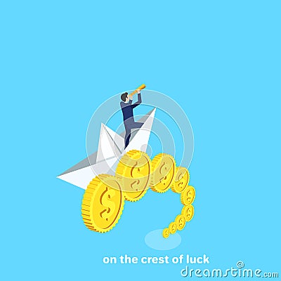 A man in a business suit looks in a telescope standing on a paper boat among the waves of gold coins Vector Illustration