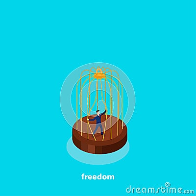 A man in a business suit pushes the bars of the cage Vector Illustration