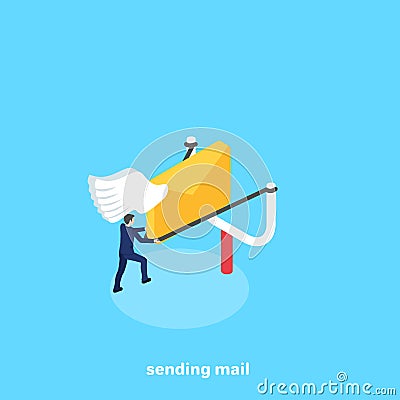 A man in a business suit sends a letter using a slingshot Vector Illustration