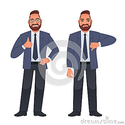 A man in a business suit shows a gesture of approval and disapproval. Likes and dislikes. Good and bad Vector Illustration