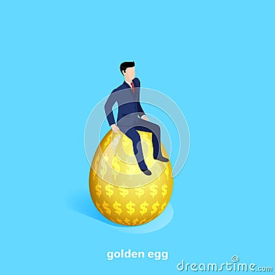 A man in a business suit sits on a large golden egg Vector Illustration
