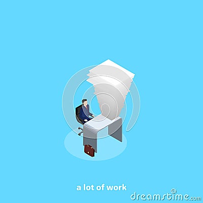 A man in a business suit is sitting at a table with a littered paper Vector Illustration